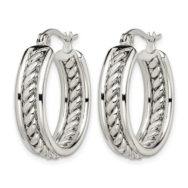 A pair of silver hoop earrings with twisted rope texture pattern, shown from the front against a white background.