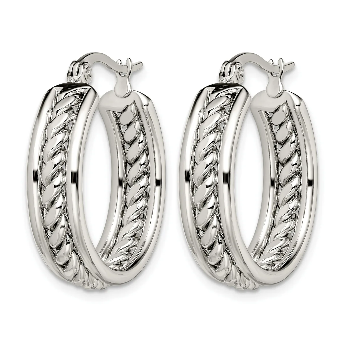 A pair of silver hoop earrings with twisted rope texture pattern, shown from the front against a white background.