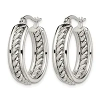 A pair of silver hoop earrings with twisted rope texture pattern, shown from the front against a white background.