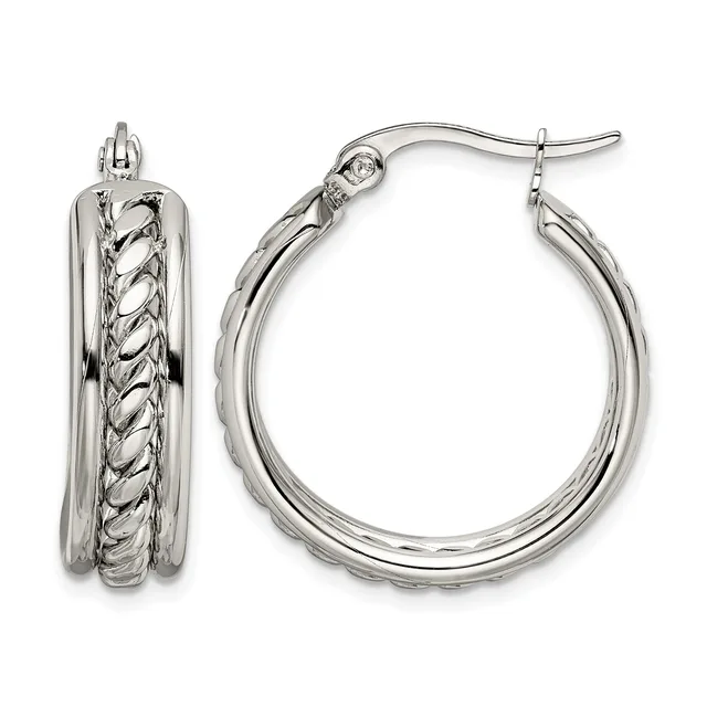 Pair of silver hoop earrings with twisted texture detail and hook closures, shown from front and side views.