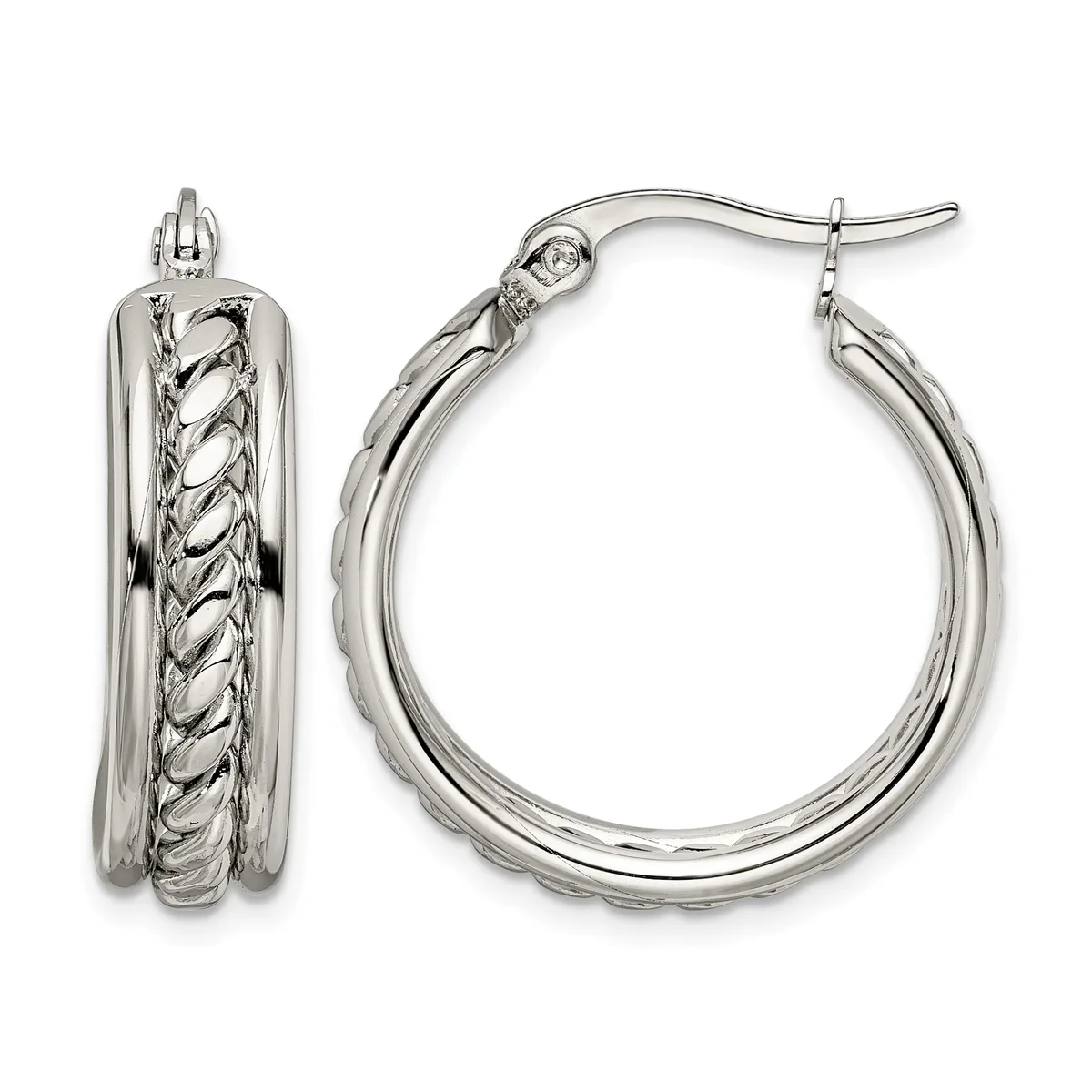 Pair of silver hoop earrings with twisted texture detail and hook closures, shown from front and side views.