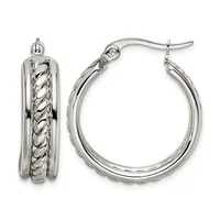 Pair of silver hoop earrings with twisted texture detail and hook closures, shown from front and side views.