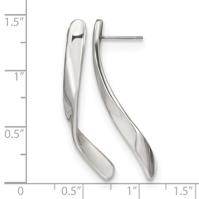 Pair of polished silver curved drop earrings with posts, displayed against a measurement scale showing approximately 1.5 inches in length.