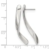 Pair of polished silver curved drop earrings with posts, displayed against a measurement scale showing approximately 1.5 inches in length.