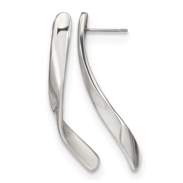 A pair of polished silver curved drop earrings with post and stud backs, shown against a white background.