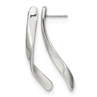 A pair of polished silver curved drop earrings with post and stud backs, shown against a white background.