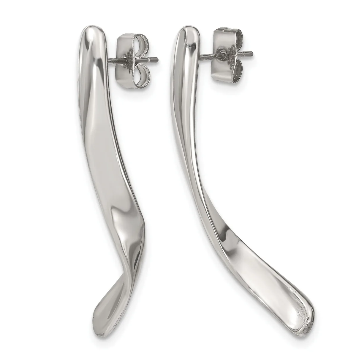 Pair of polished silver curved drop earrings with stud posts and butterfly backs, shown from front and back views.