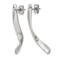 Pair of polished silver curved drop earrings with stud posts and butterfly backs, shown from front and back views.