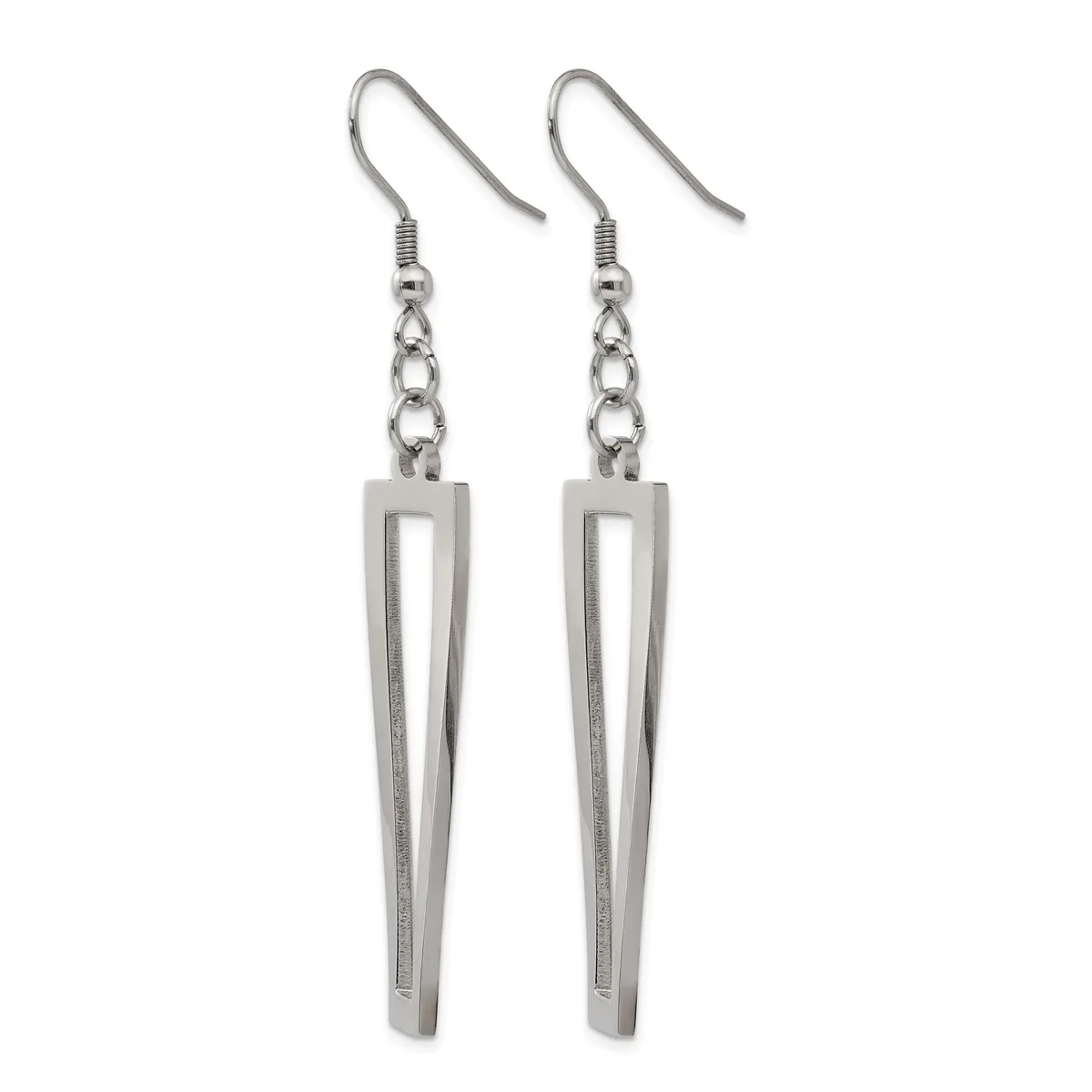 A pair of silver-toned drop earrings with fish hook closures, chain links, and elongated rectangular pendants with vertical cutout details.