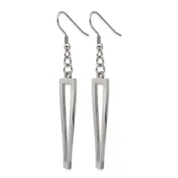 A pair of silver-toned drop earrings with fish hook closures, chain links, and elongated rectangular pendants with vertical cutout details.