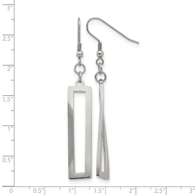 A pair of silver-toned dangle earrings featuring a rectangular open frame on one side and a textured bar on the other, displayed against a ruler showing measurements up to 3 inches.