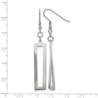 A pair of silver-toned dangle earrings featuring a rectangular open frame on one side and a textured bar on the other, displayed against a ruler showing measurements up to 3 inches.
