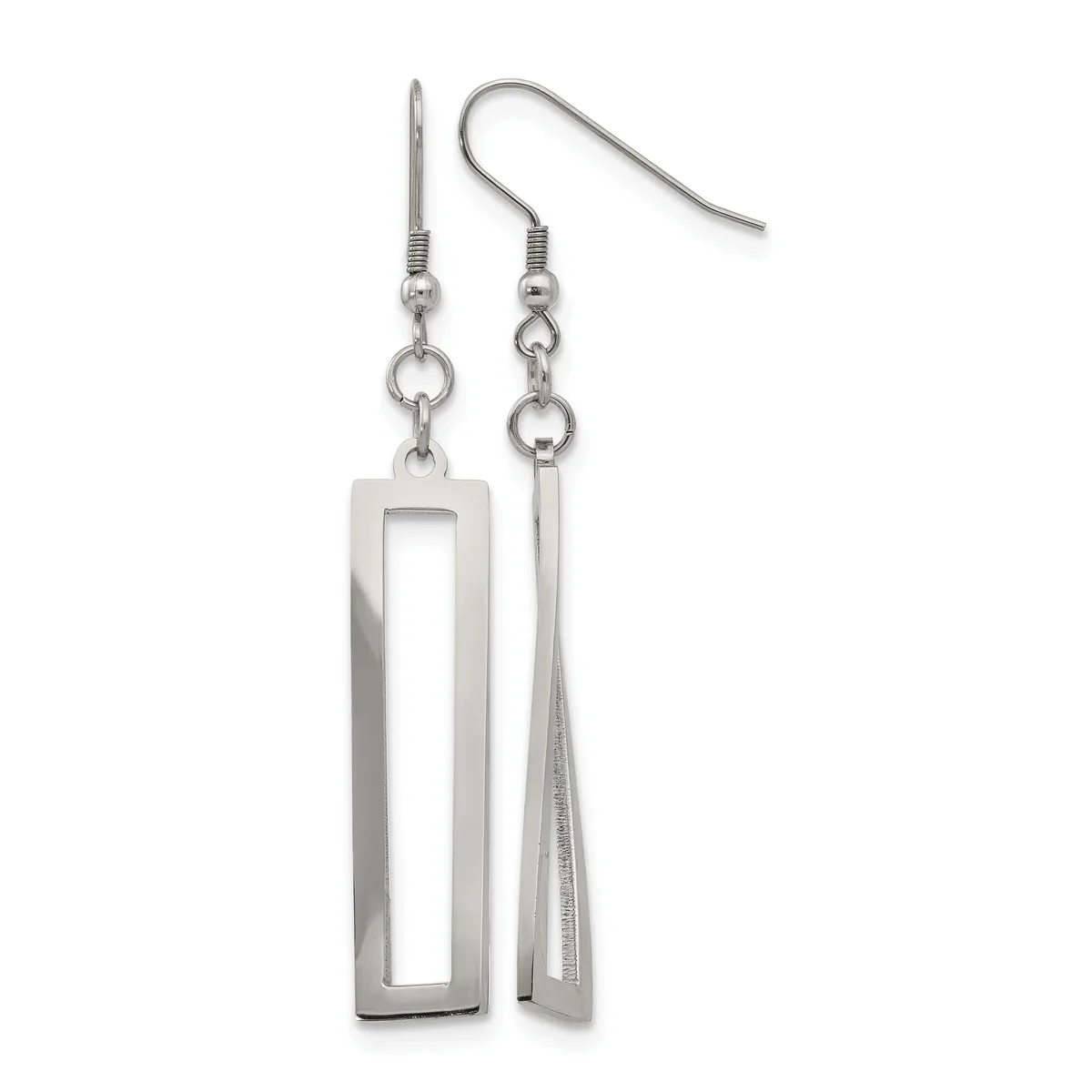 A pair of stainless steel dangle earrings with fish hook closures, featuring a rectangular open frame on one side and a tapered textured bar on the other.