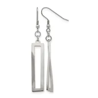 A pair of stainless steel dangle earrings with fish hook closures, featuring a rectangular open frame on one side and a tapered textured bar on the other.