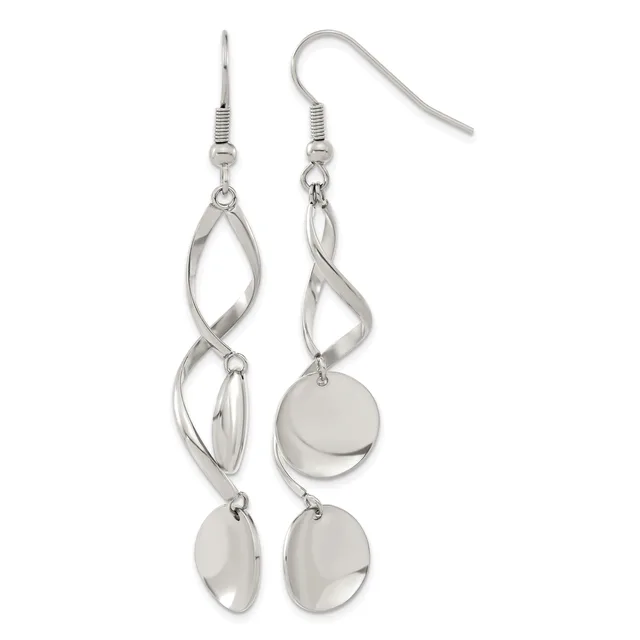 A pair of silver dangle earrings with twisted metal loops and polished circular disc charms hanging at varying lengths, shown against a white background.