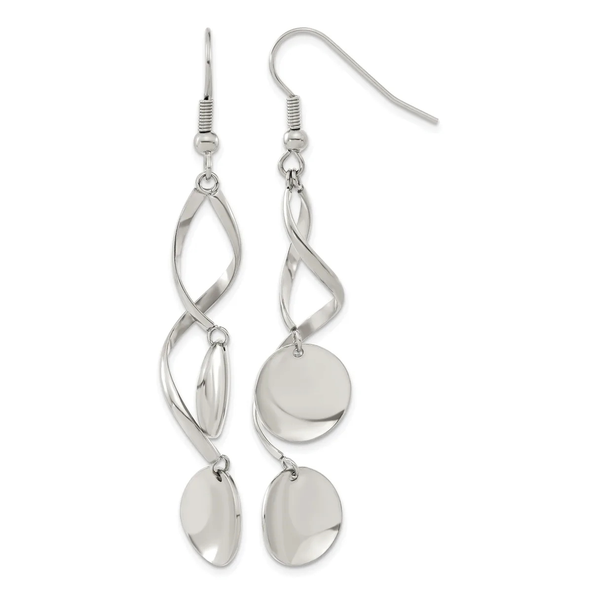 A pair of silver dangle earrings with twisted metal loops and polished circular disc charms hanging at varying lengths, shown against a white background.