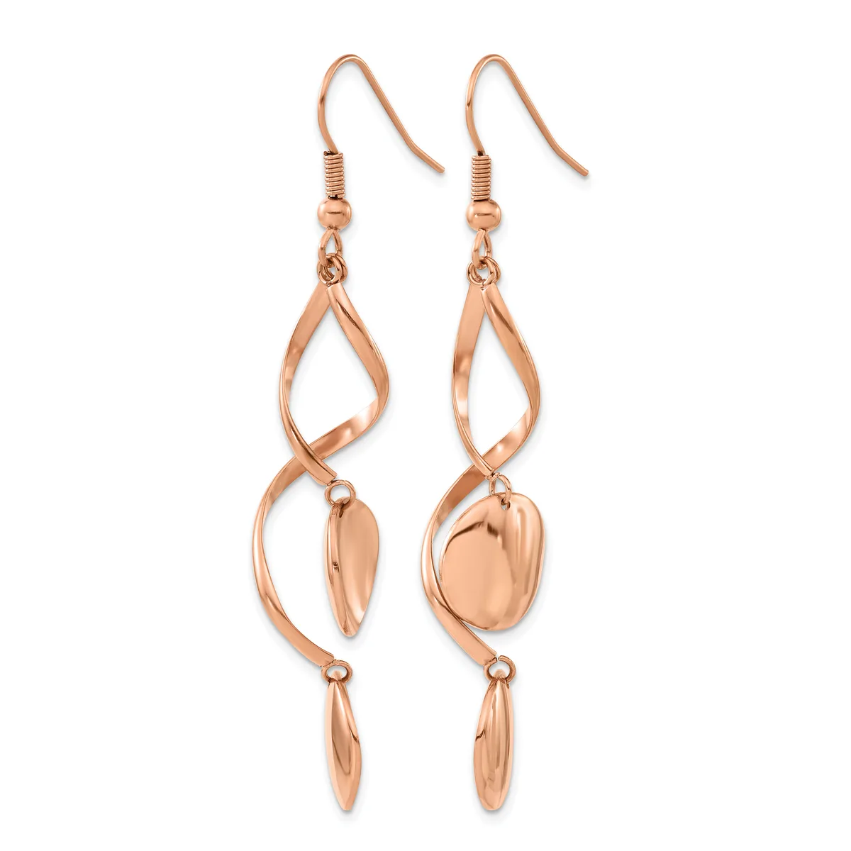 Pair of rose gold-toned dangling earrings with twisted teardrop-shaped loops and oval pendants, shown against a white background.