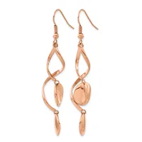 Pair of rose gold-toned dangling earrings with twisted teardrop-shaped loops and oval pendants, shown against a white background.
