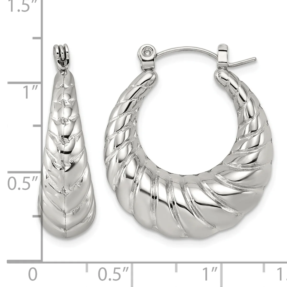 Pair of polished silver-tone twisted tapered hoop earrings with hinged posts, shown next to a measurement scale indicating approximately one inch in length.