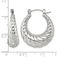 Pair of polished silver-tone twisted tapered hoop earrings with hinged posts, shown next to a measurement scale indicating approximately one inch in length.