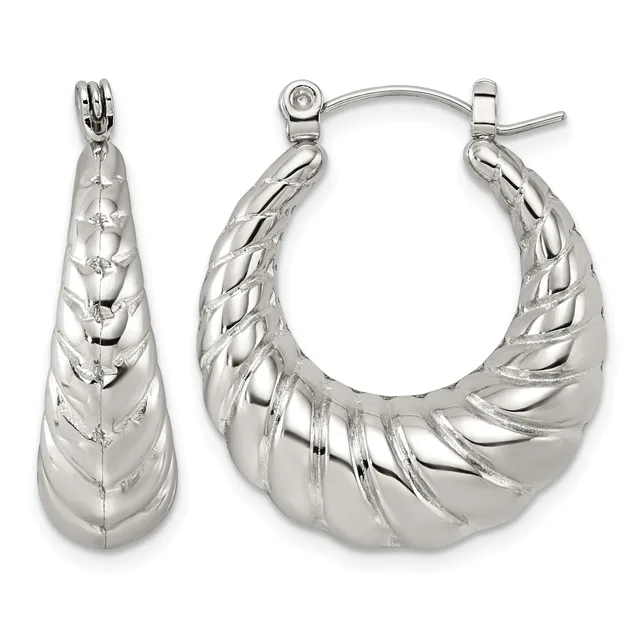 Pair of silver-toned twisted hoop earrings with hinged posts, shown from front and side angles.