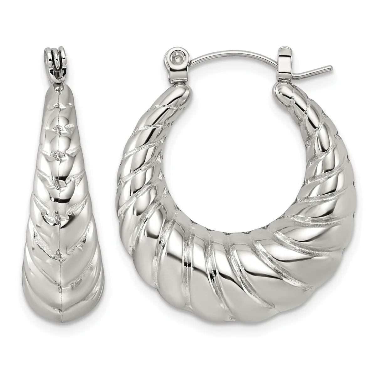 Pair of silver-toned twisted hoop earrings with hinged posts, shown from front and side angles.