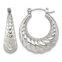 Pair of silver-toned twisted hoop earrings with hinged posts, shown from front and side angles.
