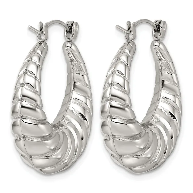 A pair of silver-toned hoop earrings with a textured, segmented design, displayed against a white background.