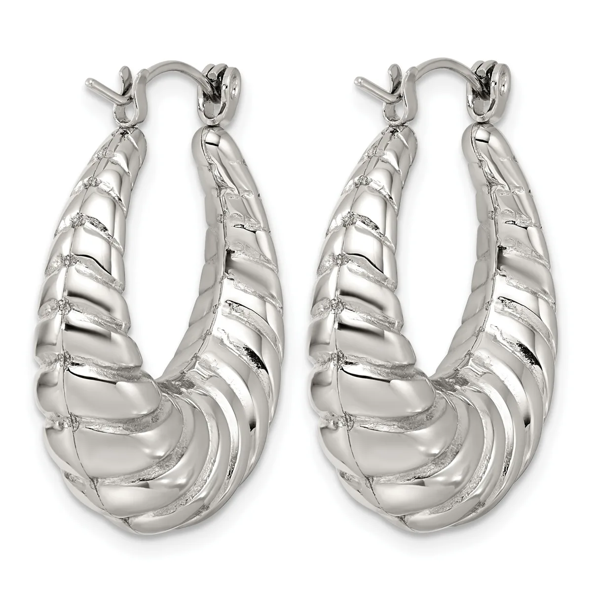 A pair of silver-toned hoop earrings with a textured, segmented design, displayed against a white background.