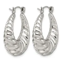 A pair of silver-toned hoop earrings with a textured, segmented design, displayed against a white background.