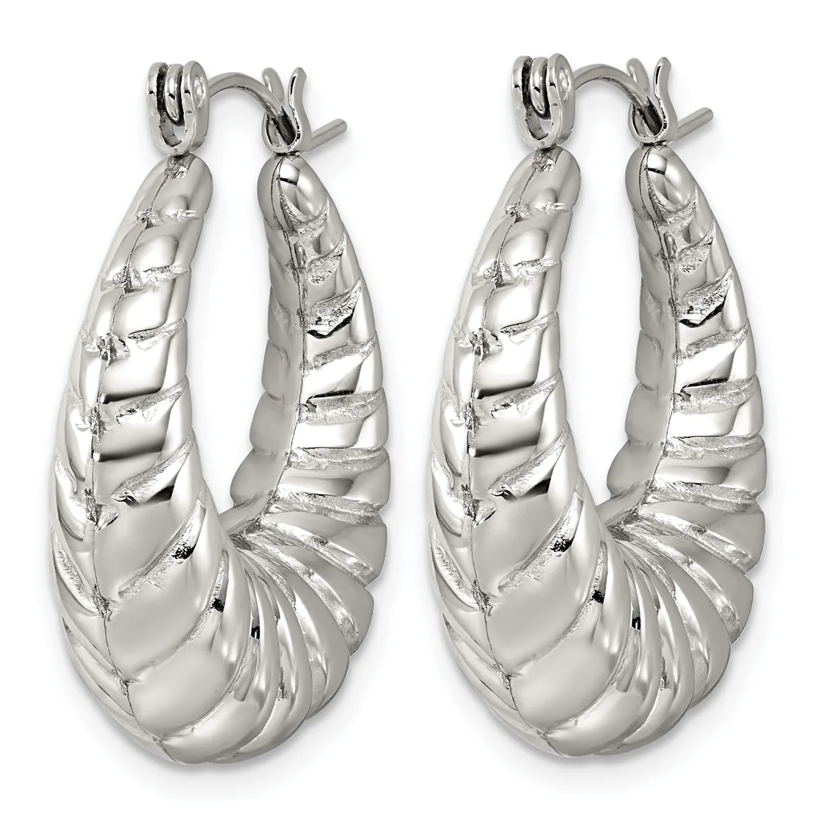 A pair of silver twisted hoop earrings with ribbed texture and hinged posts, shown from front and back views.