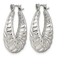 A pair of silver twisted hoop earrings with ribbed texture and hinged posts, shown from front and back views.