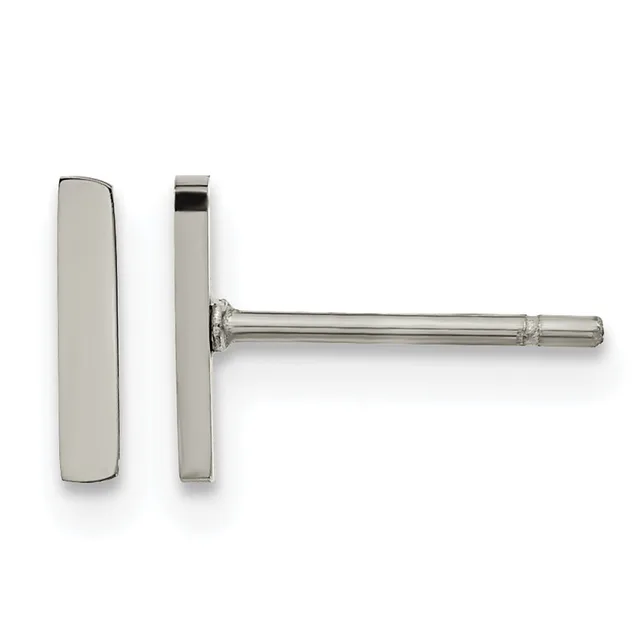 A pair of polished silver rectangular stud earrings with posts and backs, shown from front and side views.