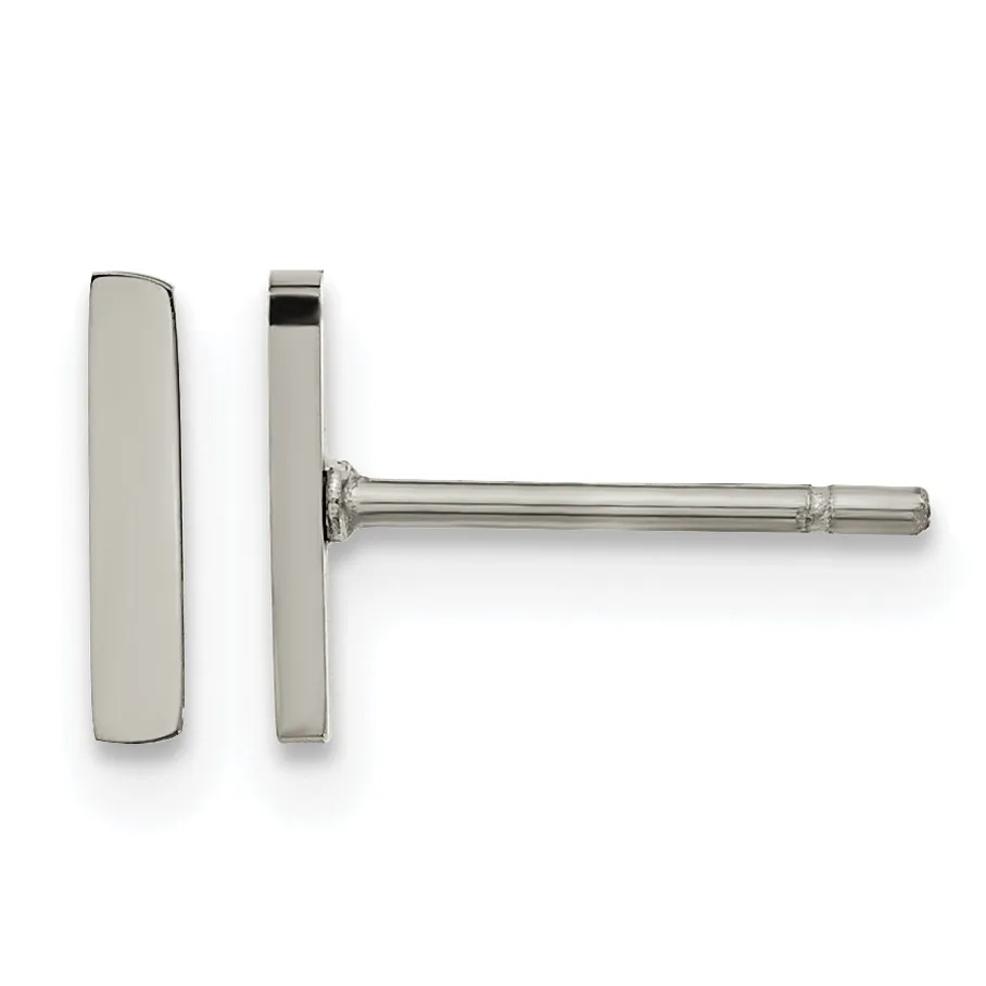 A pair of polished silver rectangular stud earrings with posts and backs, shown from front and side views.