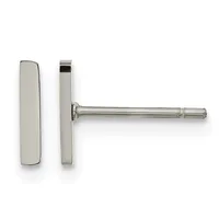 A pair of polished silver rectangular stud earrings with posts and backs, shown from front and side views.
