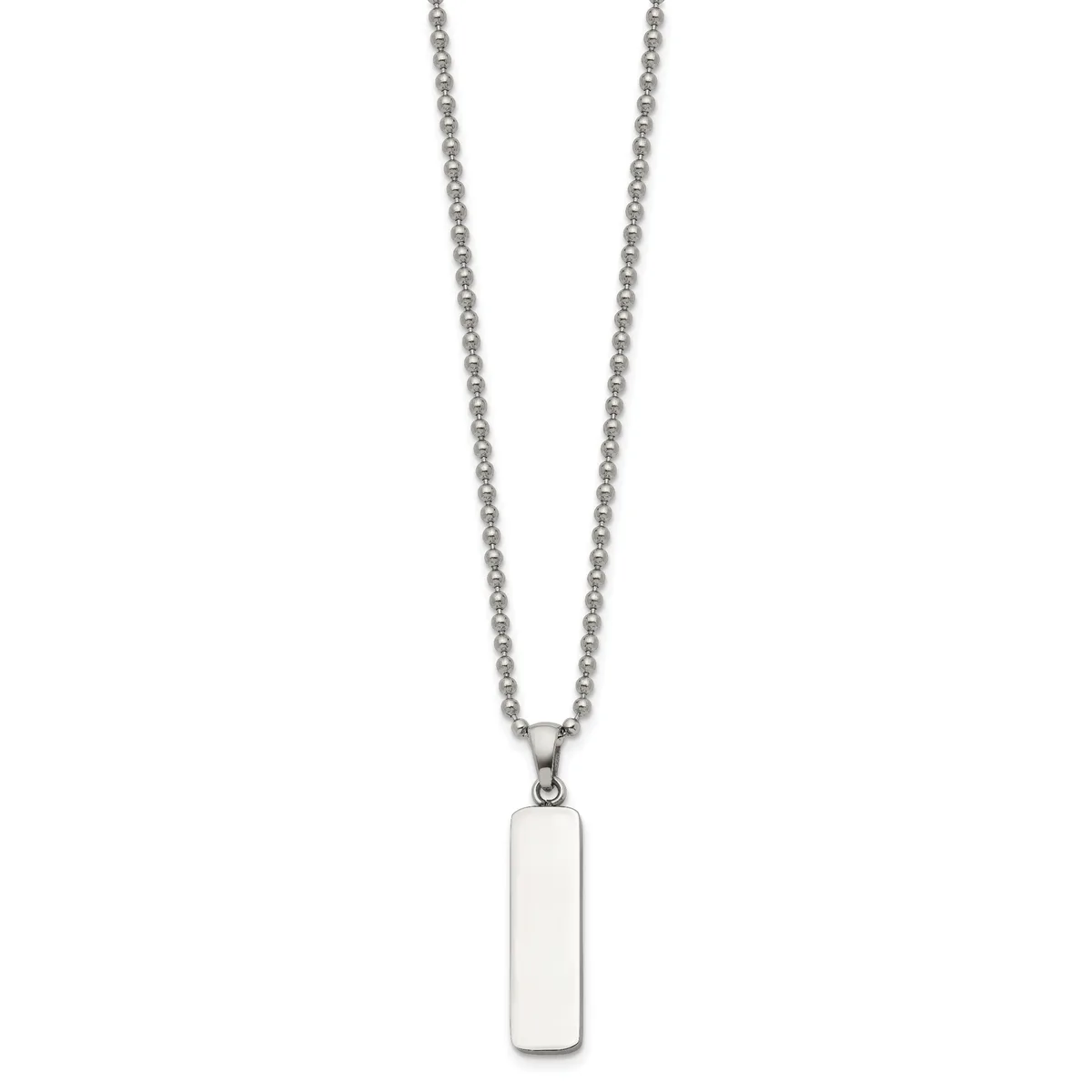 A silver-toned chain necklace with a rectangular pendant hanging from it against a white background.