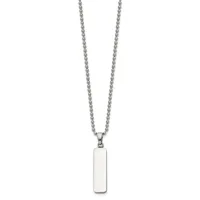 A silver-toned chain necklace with a rectangular pendant hanging from it against a white background.