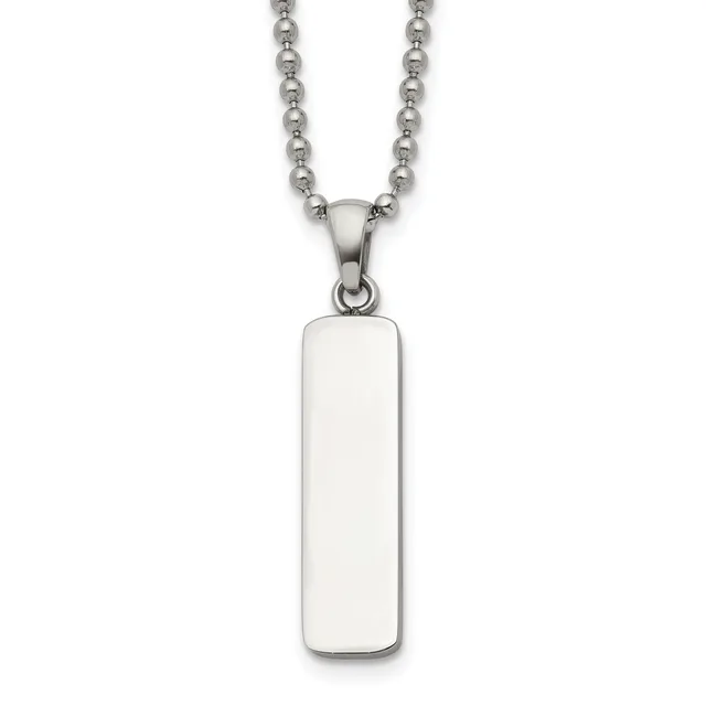 A polished rectangular pendant in silver-toned metal hangs from a beaded ball chain, displayed against a white background.
