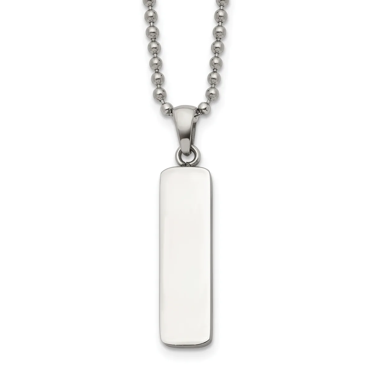 A polished rectangular pendant in silver-toned metal hangs from a beaded ball chain, displayed against a white background.