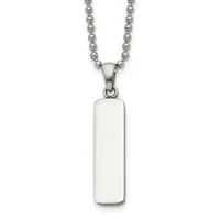 A polished rectangular pendant in silver-toned metal hangs from a beaded ball chain, displayed against a white background.
