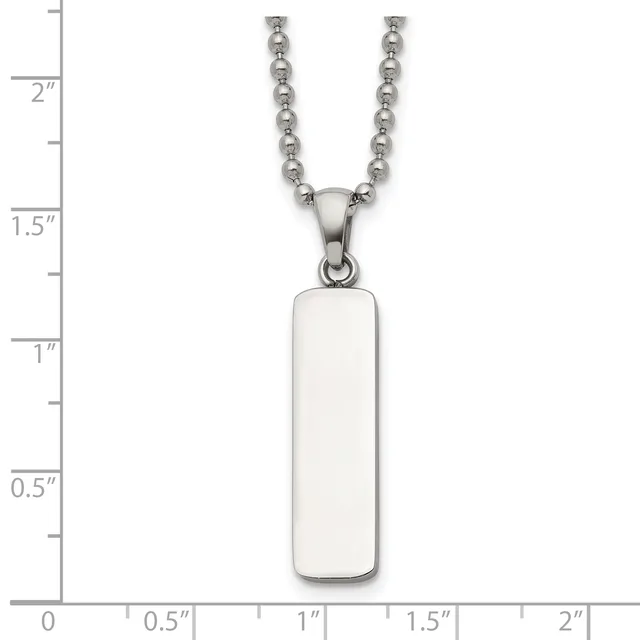 Silver ball chain necklace with a rectangular pendant featuring rounded corners and a polished silver finish, shown against a measurement scale.