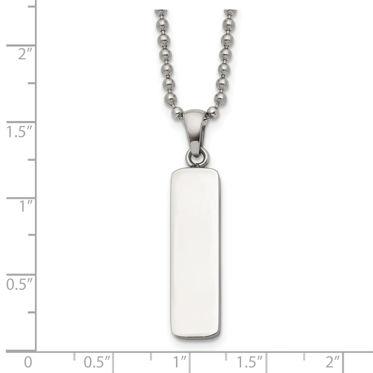 Silver ball chain necklace with a rectangular pendant featuring rounded corners and a polished silver finish, shown against a measurement scale.