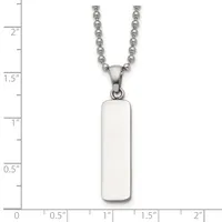 Silver ball chain necklace with a rectangular pendant featuring rounded corners and a polished silver finish, shown against a measurement scale.
