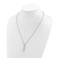 A silver-toned chain necklace with a small rectangular pendant displayed on a white mannequin bust.