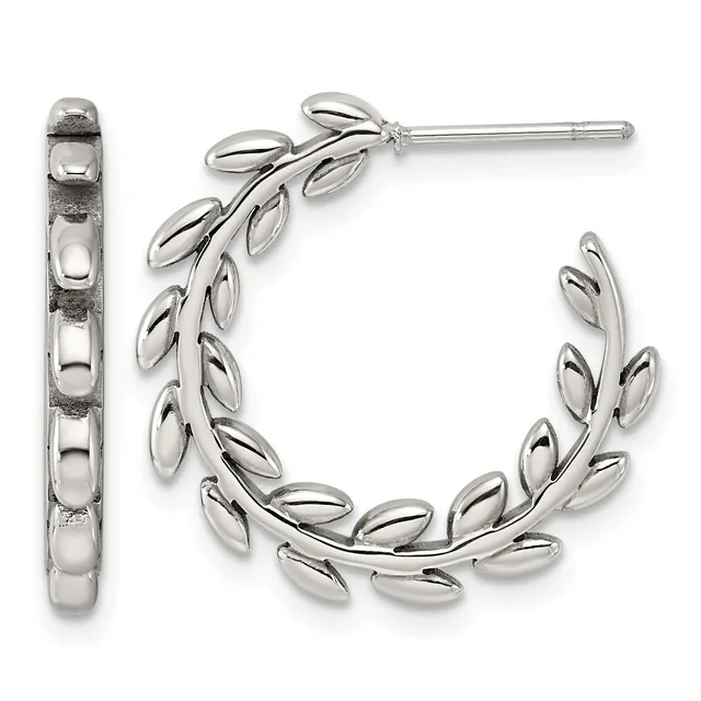 A pair of silver hoop earrings with leaf-shaped designs arranged in a curved pattern, shown from front and side views.