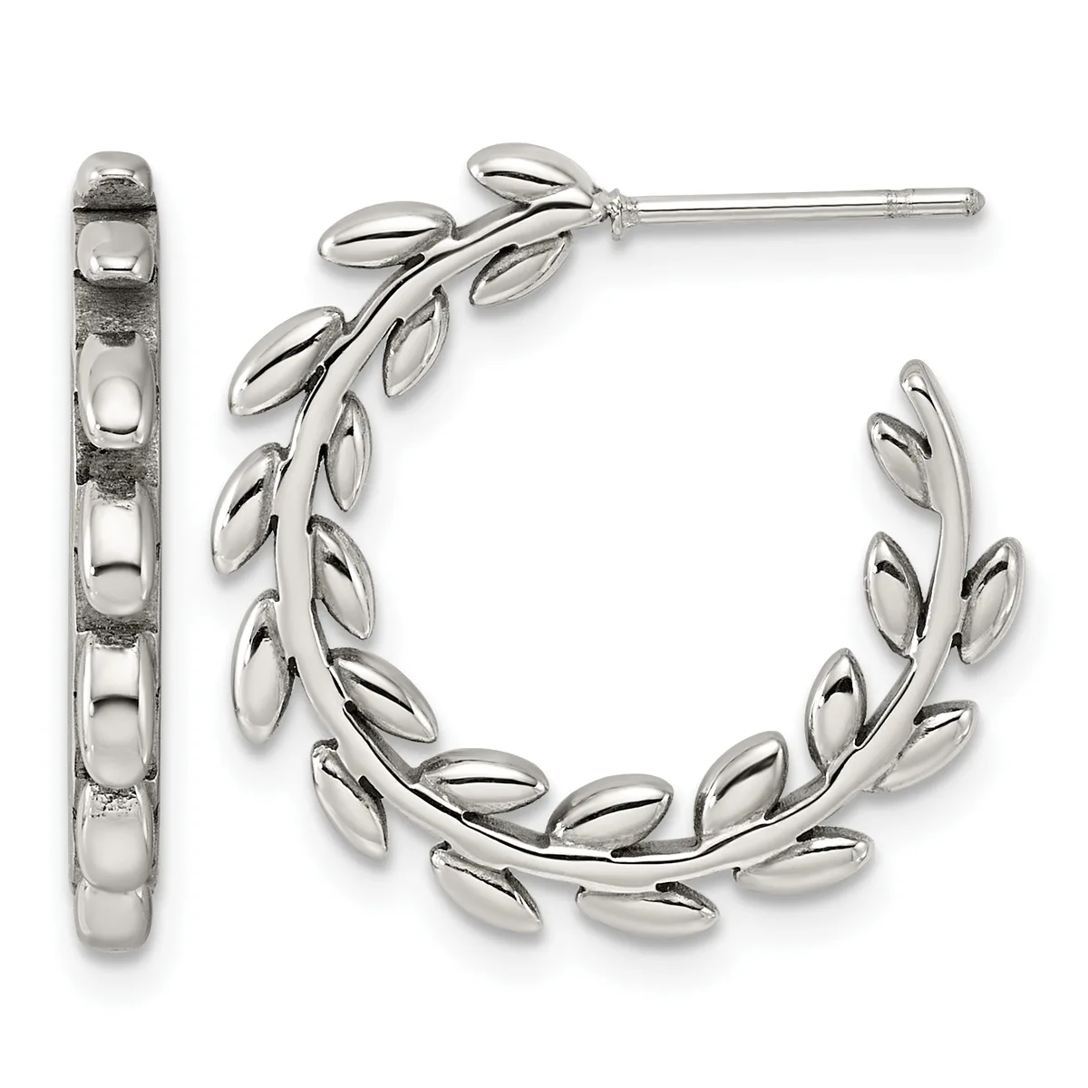A pair of silver hoop earrings with leaf-shaped designs arranged in a curved pattern, shown from front and side views.