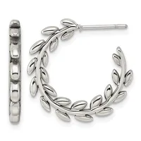 A pair of silver hoop earrings with leaf-shaped designs arranged in a curved pattern, shown from front and side views.