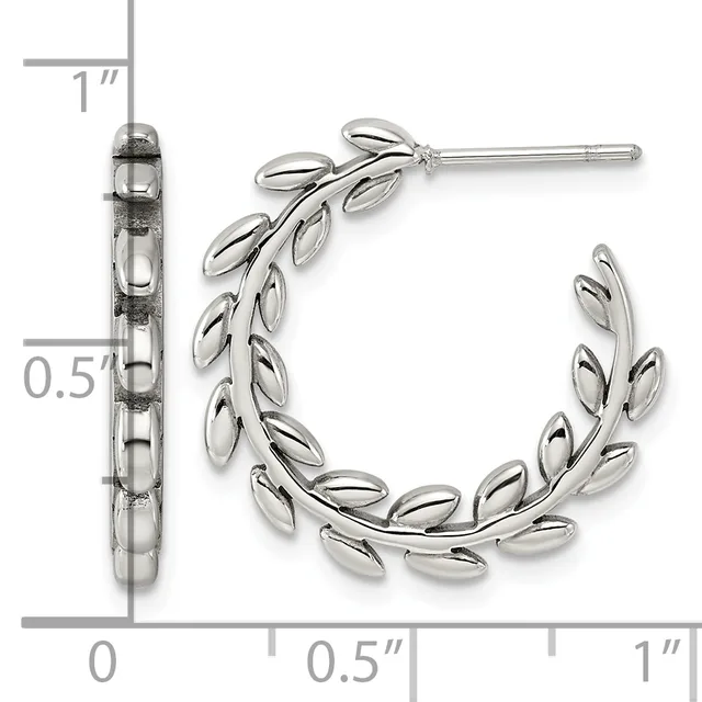 Sterling silver leaf-design hoop earrings shown from front and side views with measurement scale indicating approximately one inch in length and half inch in width.
