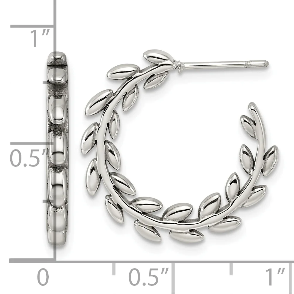 Sterling silver leaf-design hoop earrings shown from front and side views with measurement scale indicating approximately one inch in length and half inch in width.