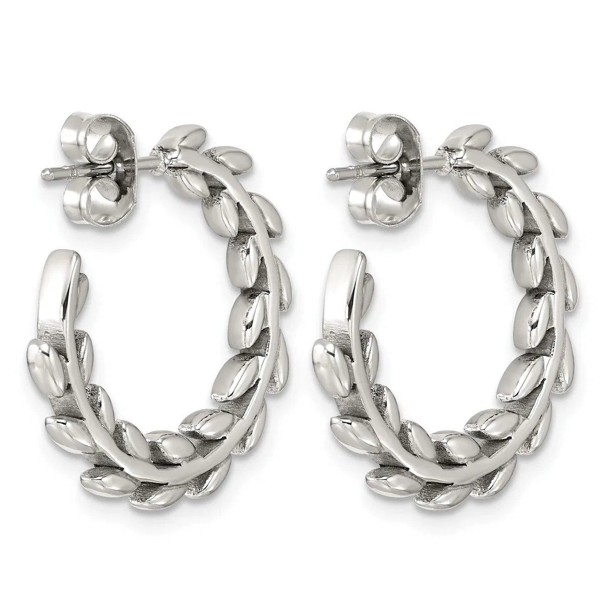 A pair of silver-toned twisted hoop earrings with leaf-shaped segments arranged in a braided pattern, shown from the front against a white background.